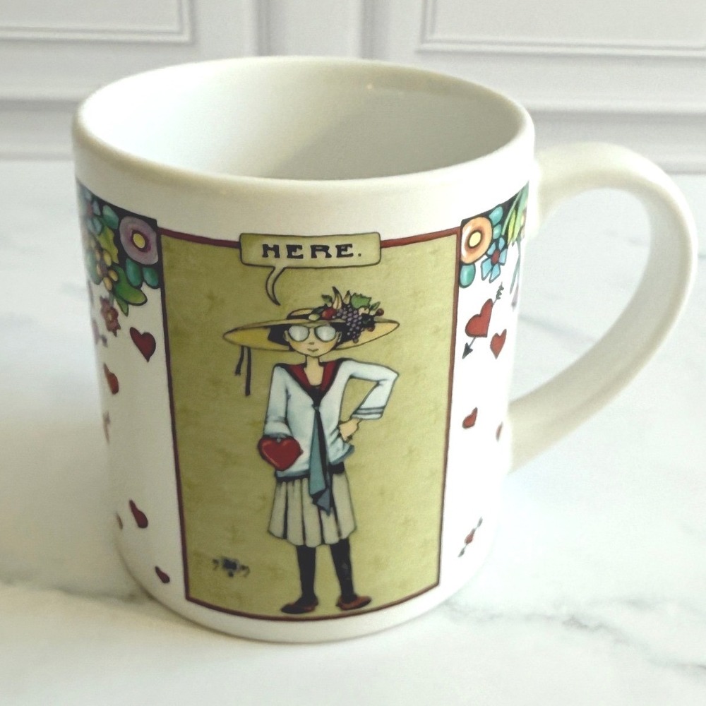 VTG 1983 Mary Engelbreit "HERE" Schoolgirl Mug Hearts Floral 3 5/8"